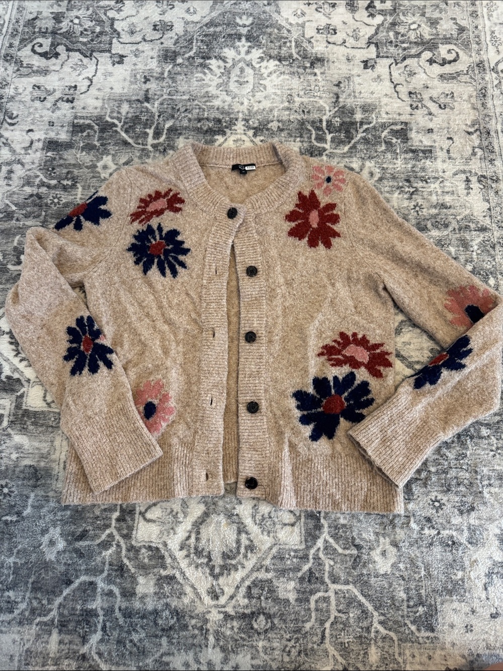 Rails Beige Floral Button-Up Cardigan with Navy & Rust Flowers
